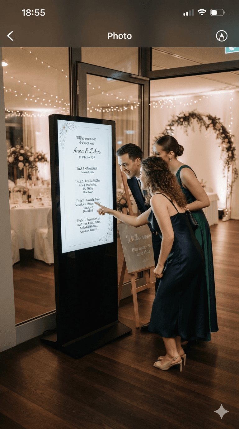 Gäste einer Hochzeit lesen den Sitzplan auf dem Board am Eingang